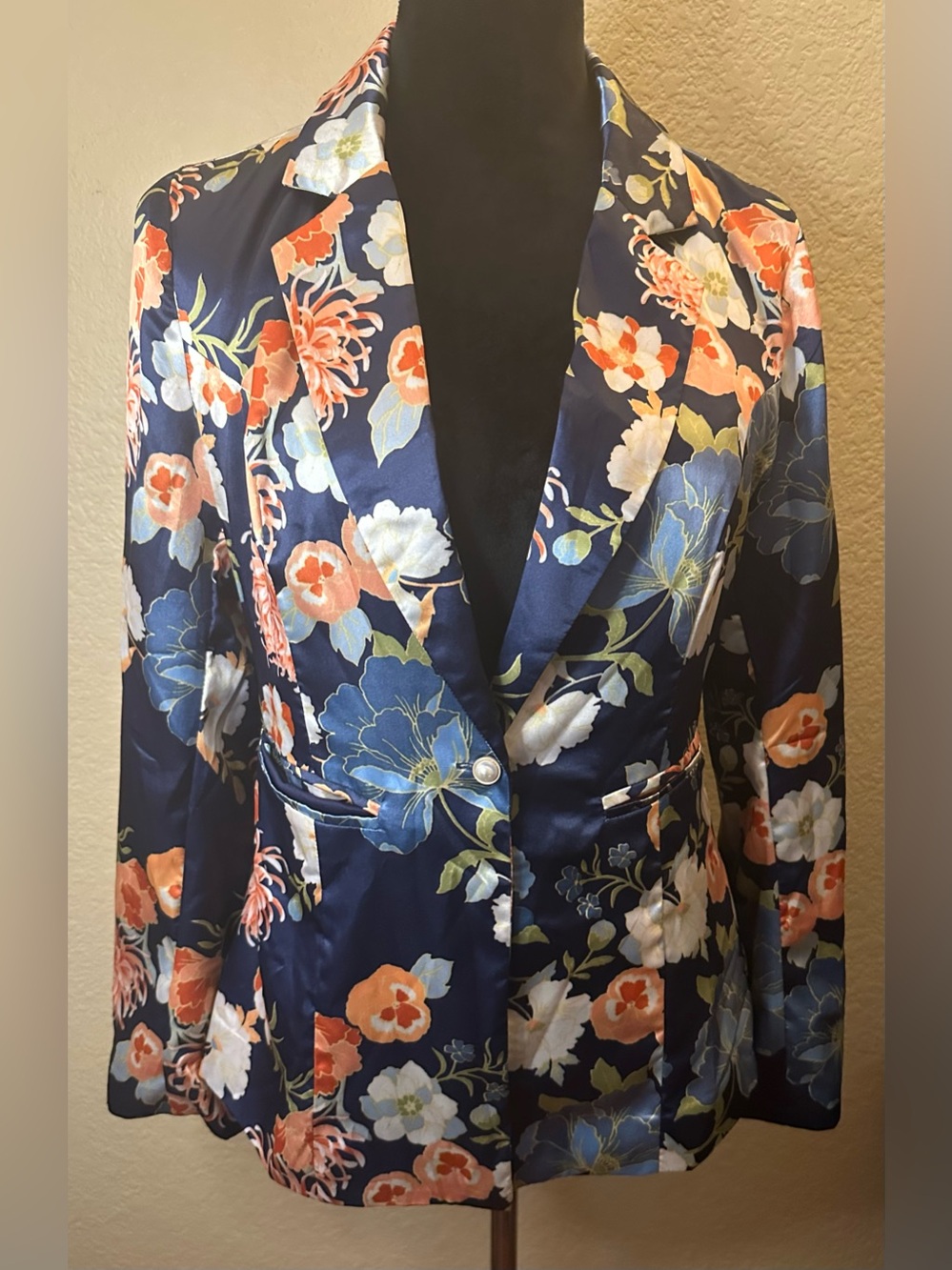 Navy Floral Satin Blazer - Women's Single-Button Suit Jacket